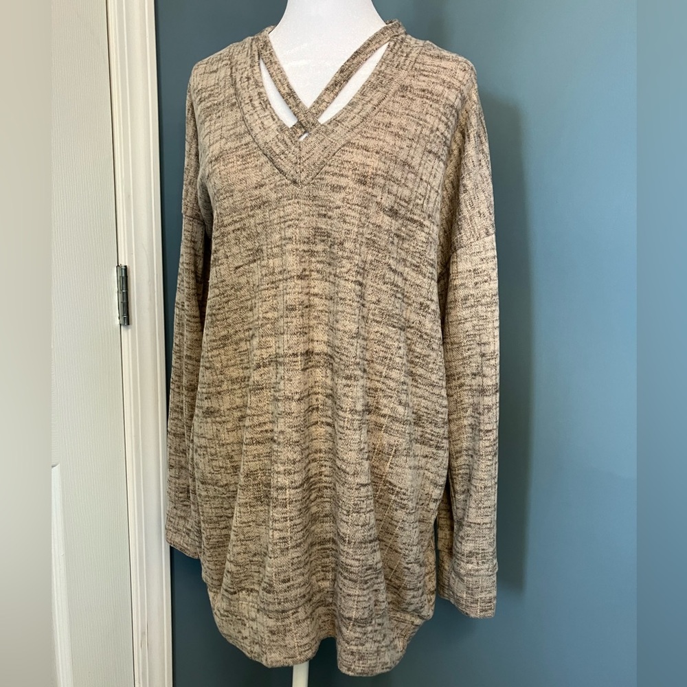 Love Kuza Mottled Browns Oversized V-Neck Tunic Sweatshirt Size Large